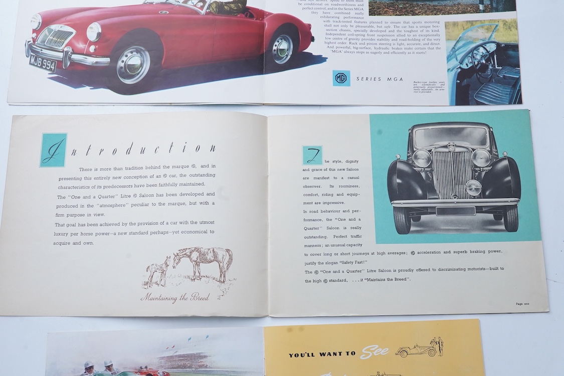 Three 1940s and 1950s MG motor car manufacturer’s brochures; the MG Series T.F. Midget (produced 1953-55), the MGA (produced 1955-62), and the MG Y 1.25lt saloon (produced 1947-53), including the additional leaflet conta